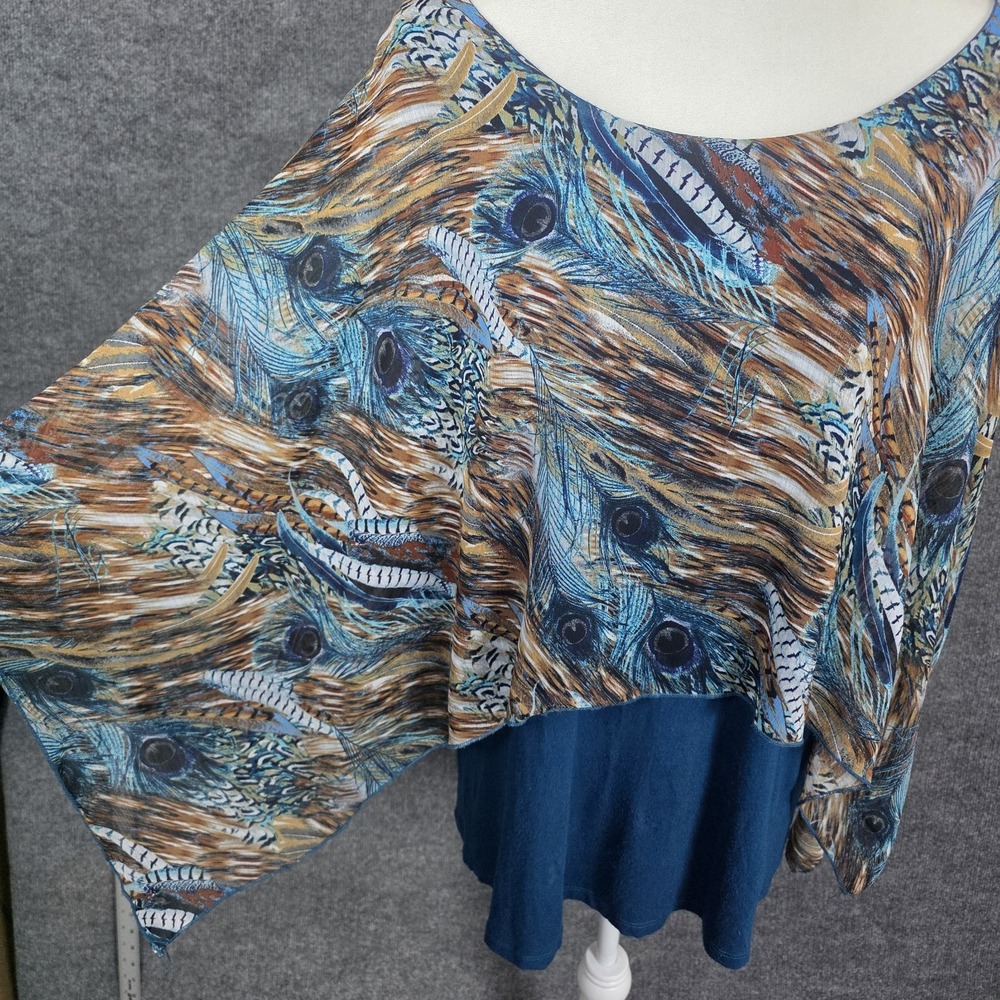 Cha Cha Vente Womens 1X (XXL) Peacock Top Teal Feathers Flowy Drape Arm Coverage - Picture 3 of 12